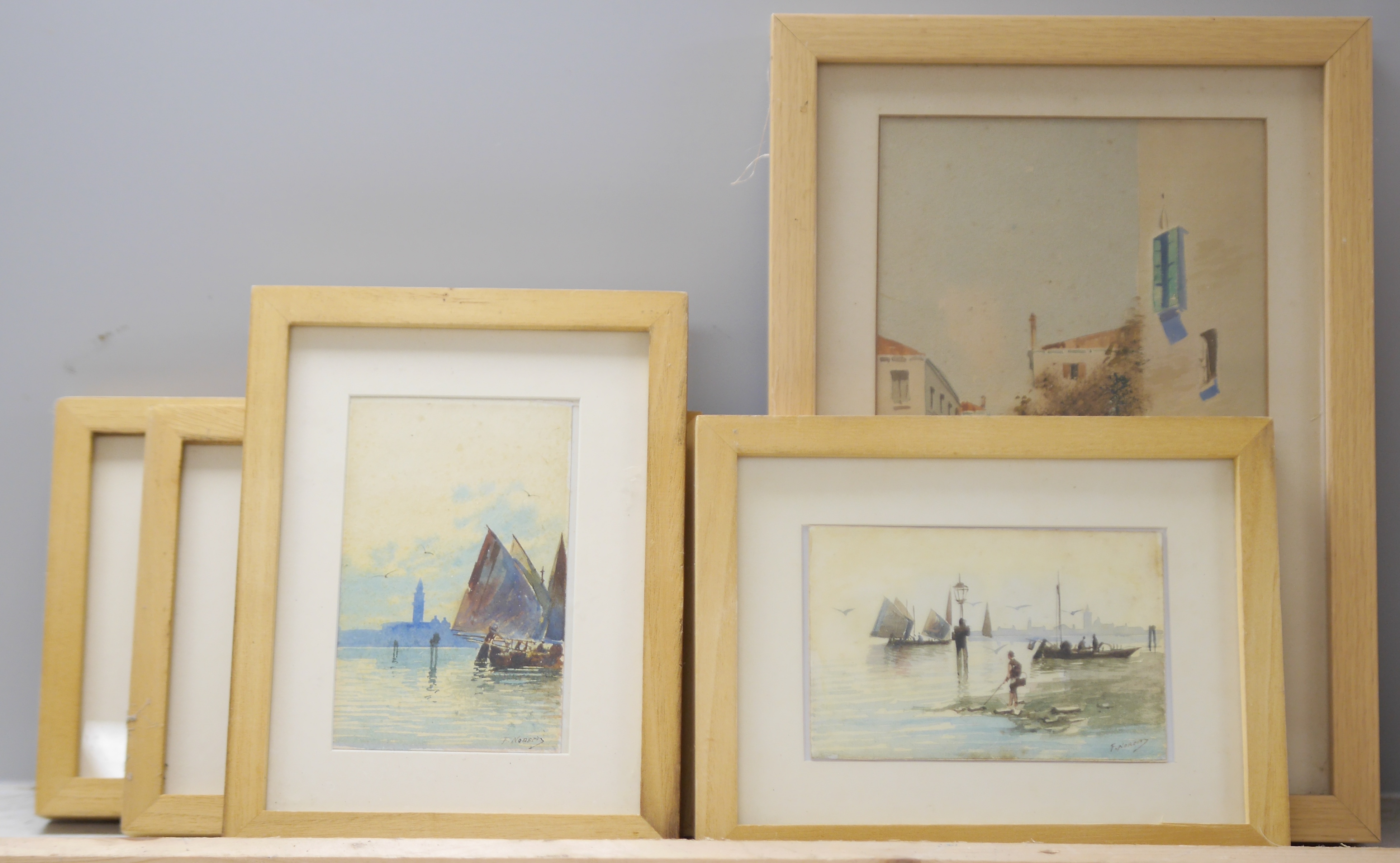 F Norems, set of five Venetian watercolours to include Venetian canals, St. Marks in the distance and Gondolas, largest 25 x 15cm. Condition - fair, some foxing throughout